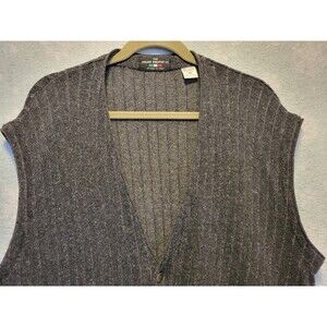 Mens XL Gray Cardigan Vest Button Up Vneck Wool Blend VTG 90s Old Money Grandpa